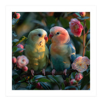 Two Lovebirds Perched On A Branch Near Flowers (Print Only)