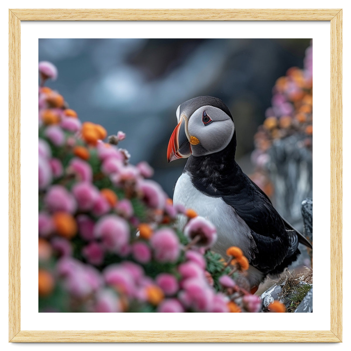 Puffin Bird Among Colorful Wildflowers In Bloom