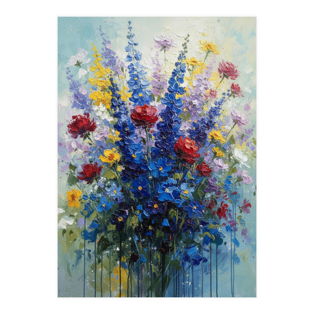 Vibrant Blue Delphinium and Red Rose Heavy Impasto Oil Painting (Print Only)