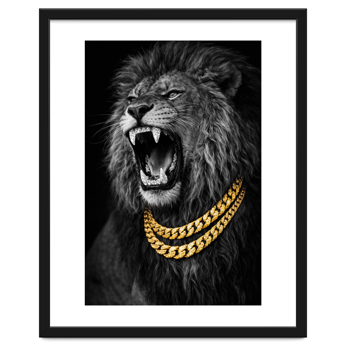 Bejweled hyper-realistic lion photography,diamond fangs portrait