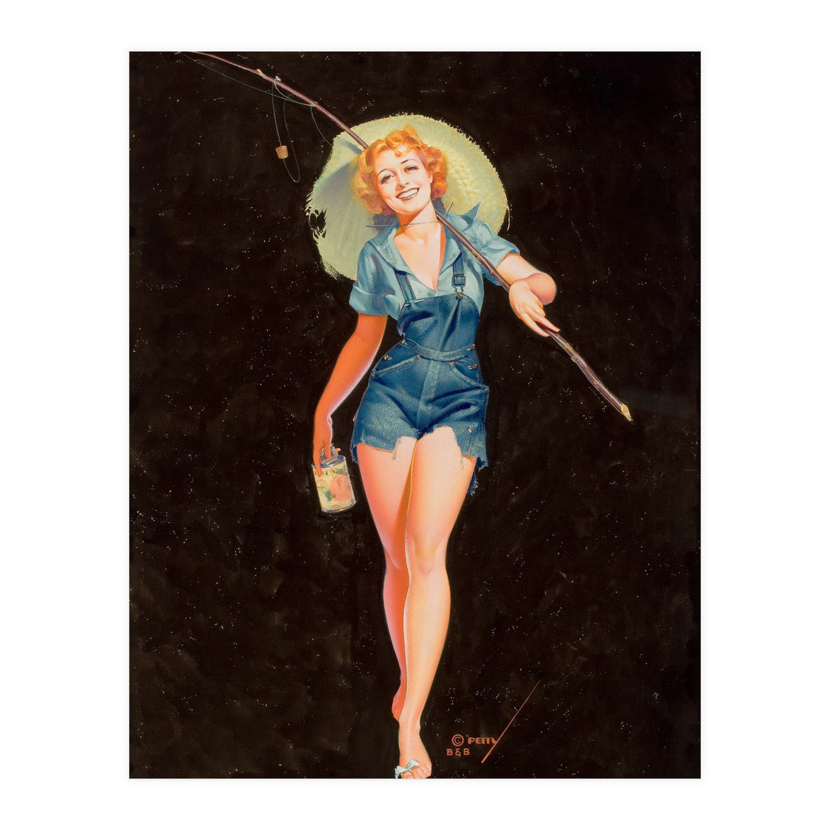 Happy Pinup Girl With A Fishing Stick (Print Only)