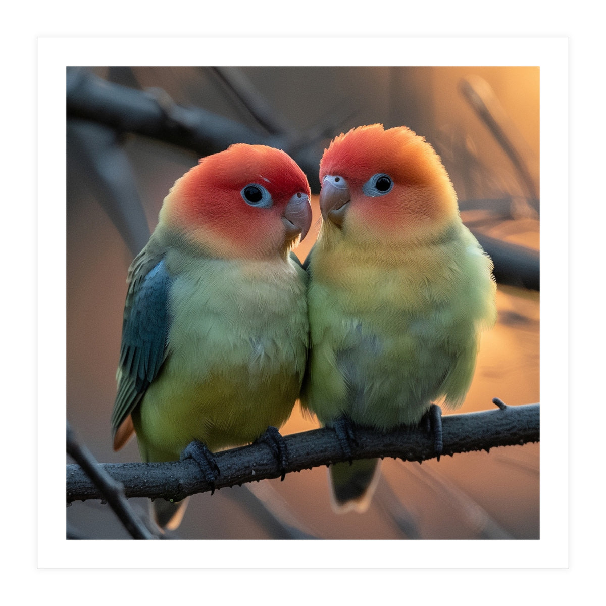 Two Lovebirds Perched On A Branch At Sunset (Print Only)