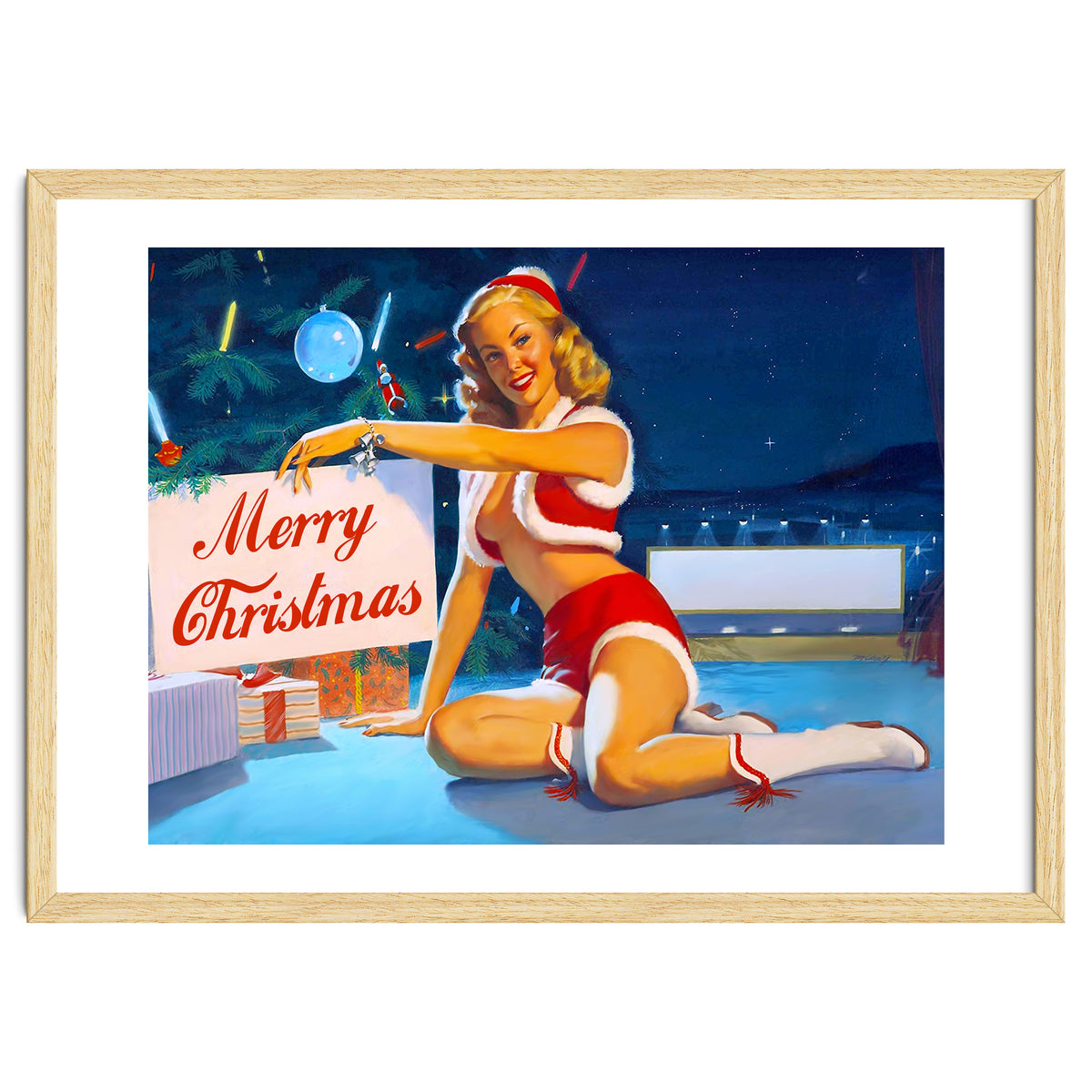 Pinup Girl In Santa Costume With Marry Christmas Sign