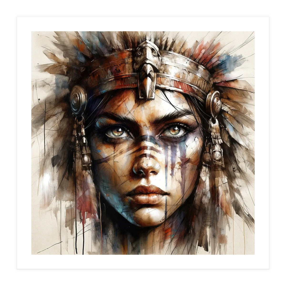 Regal Warrior Woman Watercolor Portrait (Print Only)