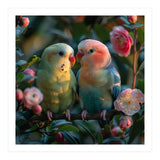 Two Lovebirds Perched On A Branch Near Flowers (Print Only) thumbnail