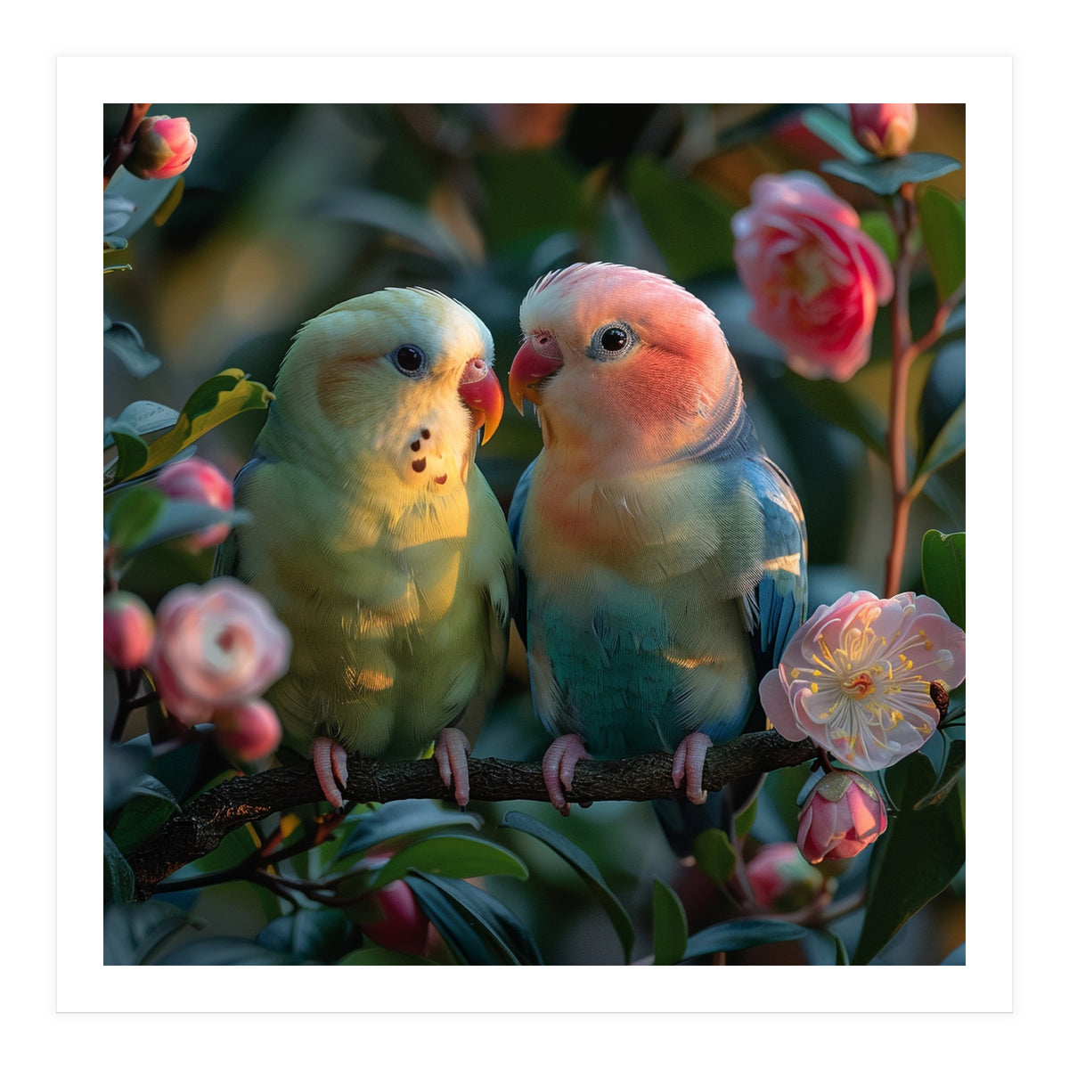 Two Lovebirds Perched On A Branch Near Flowers (Print Only)