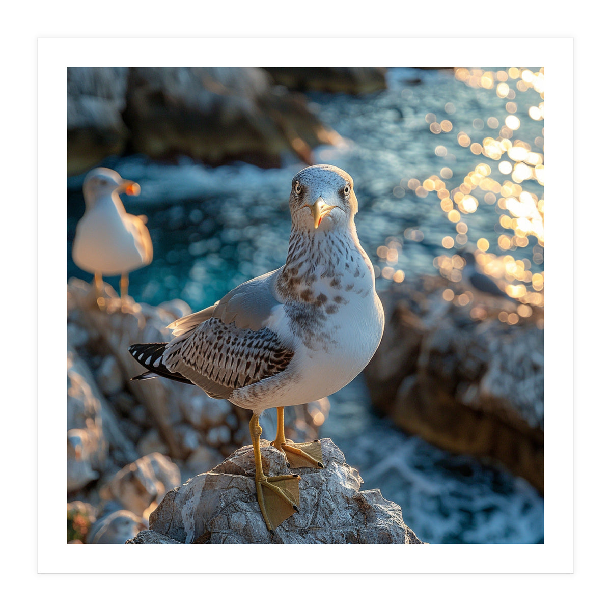 Seagull Standing On Rocks Near Water (Print Only)