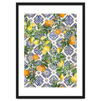 Blue Mediterranean tiles, lemons and oranges fruit