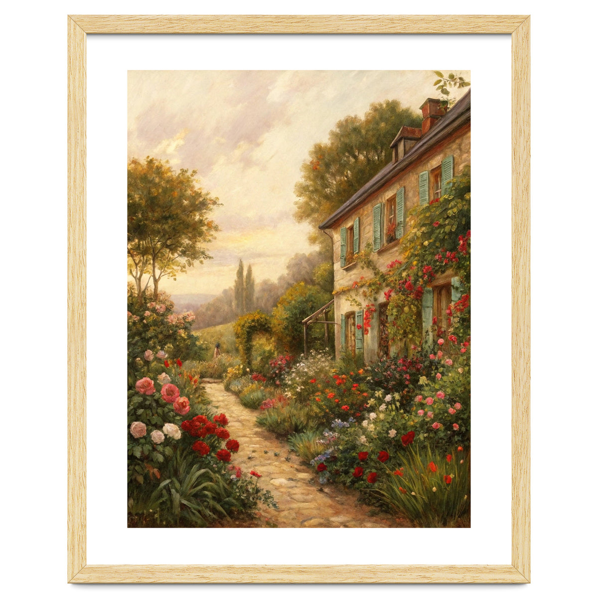 Idyllic Sunlit Cottage Garden Oil Painting