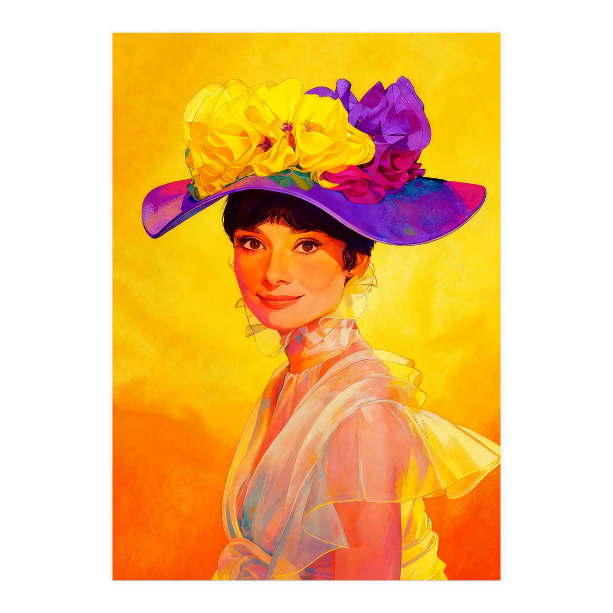 Audrey Hepburn Pop Art, Vibrant Floral Hat Portrait, Iconic Movie Star Illustration (Print Only)