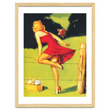 Pinup Girl In Red Dress Crossing The Barbed Wire While Looking At The Bull thumbnail