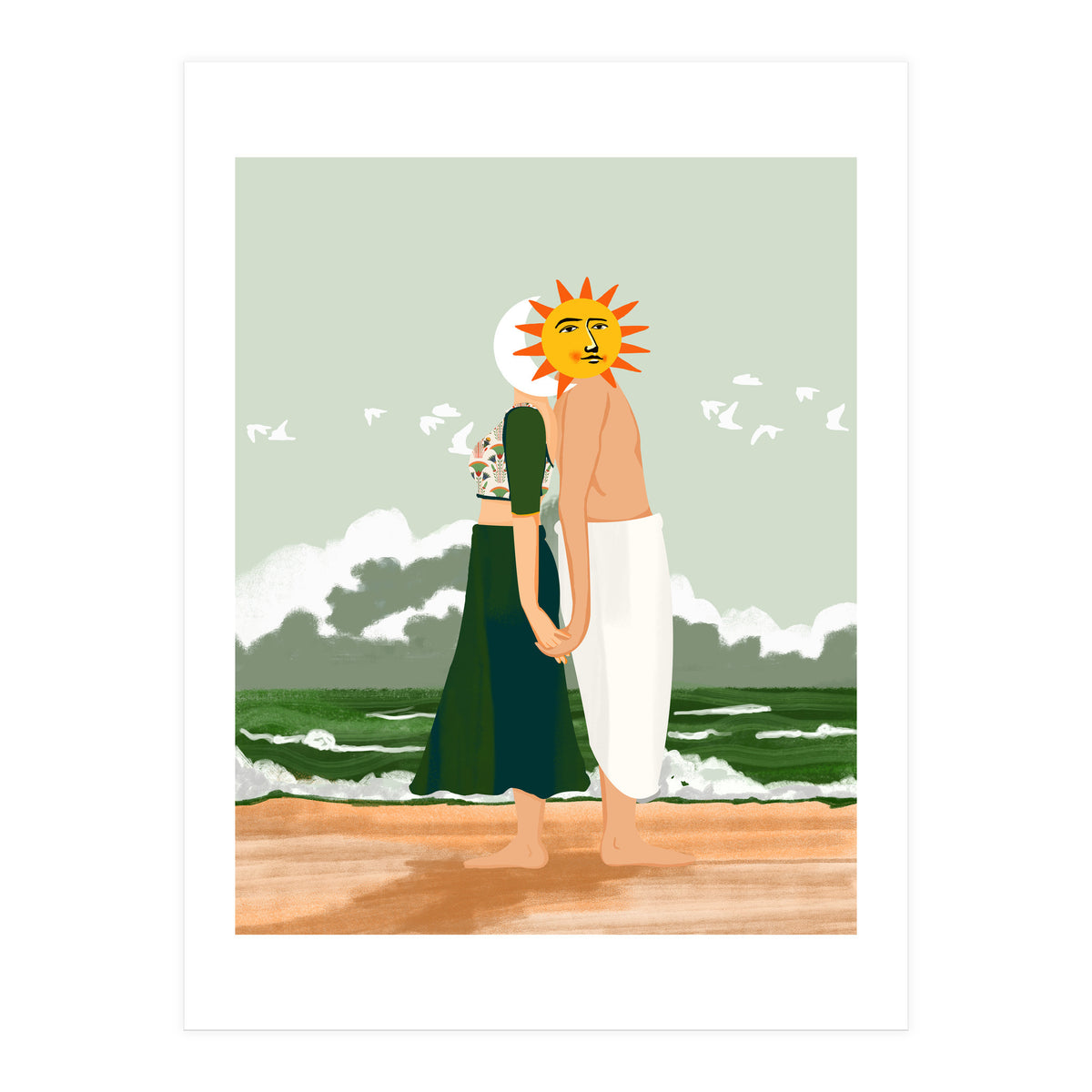 Celestial Union, Sun & Moon Love Couple, Ocean Sea Beach Landscape Nature, Summer Bohemian People (Print Only)