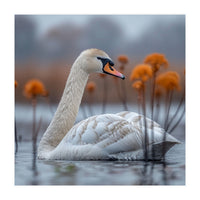 White Swan Swimming In A Lake With Reeds (Print Only)