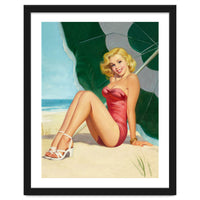 Sexy Pinup Girl On The Beach Under Big Sunshade