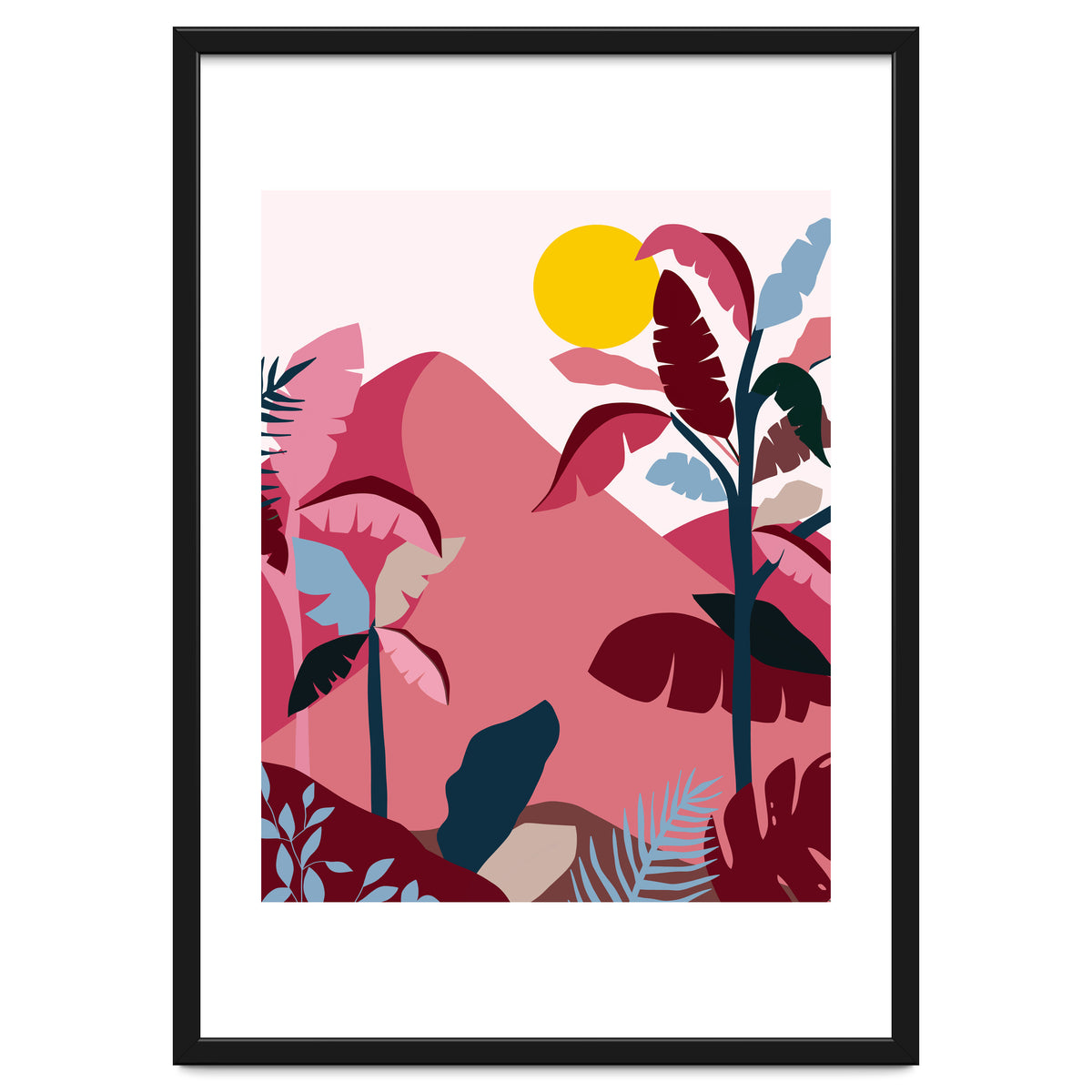 Tropical Sundowner, Pastel Jungle Botanical Nature, Summer Plants Palms Sunset, Mountain Landscape Travel Adventure