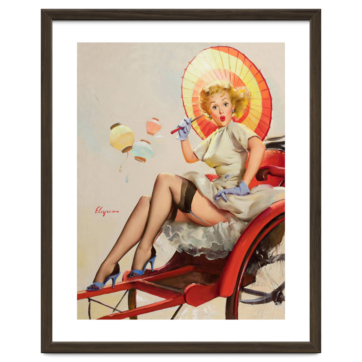 Pinup Girl In Rickshaw Experiencing Sudden Wind