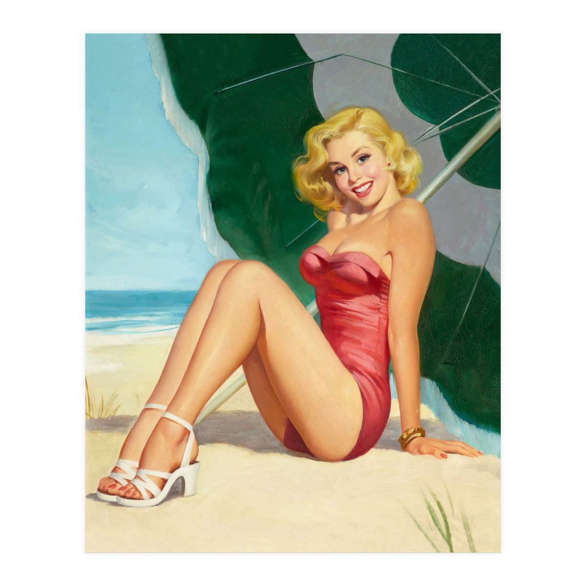 Sexy Pinup Girl On The Beach Under Big Sunshade (Print Only)