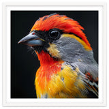 Close Up Of Colorful Bird With Red Orange Yellow Feathers thumbnail