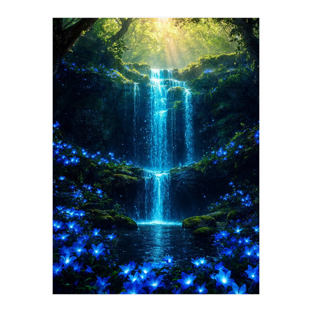Ethereal Blue Waterfall: Magical Forest Oasis (Print Only)