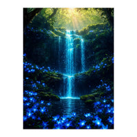 Ethereal Blue Waterfall: Magical Forest Oasis (Print Only)