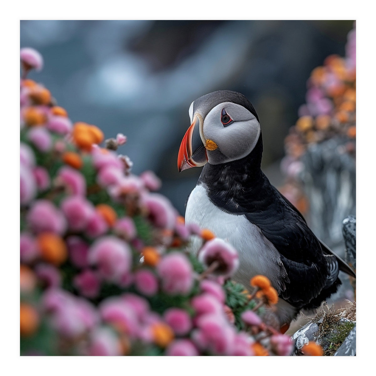 Puffin Bird Among Colorful Wildflowers In Bloom (Print Only)