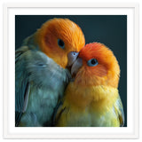 Lovebirds Couple Nuzzling With Orange And Yellow Feathers thumbnail