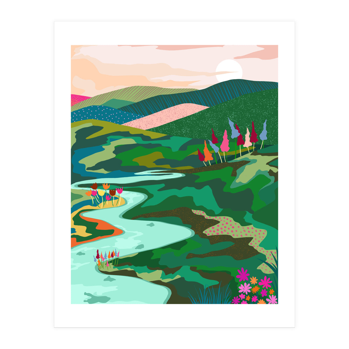 Endless Love, Bohemian Nature Landscape Scenic Meadow, Eclectic Colorful Travel Forest Mountains Sunset (Print Only)