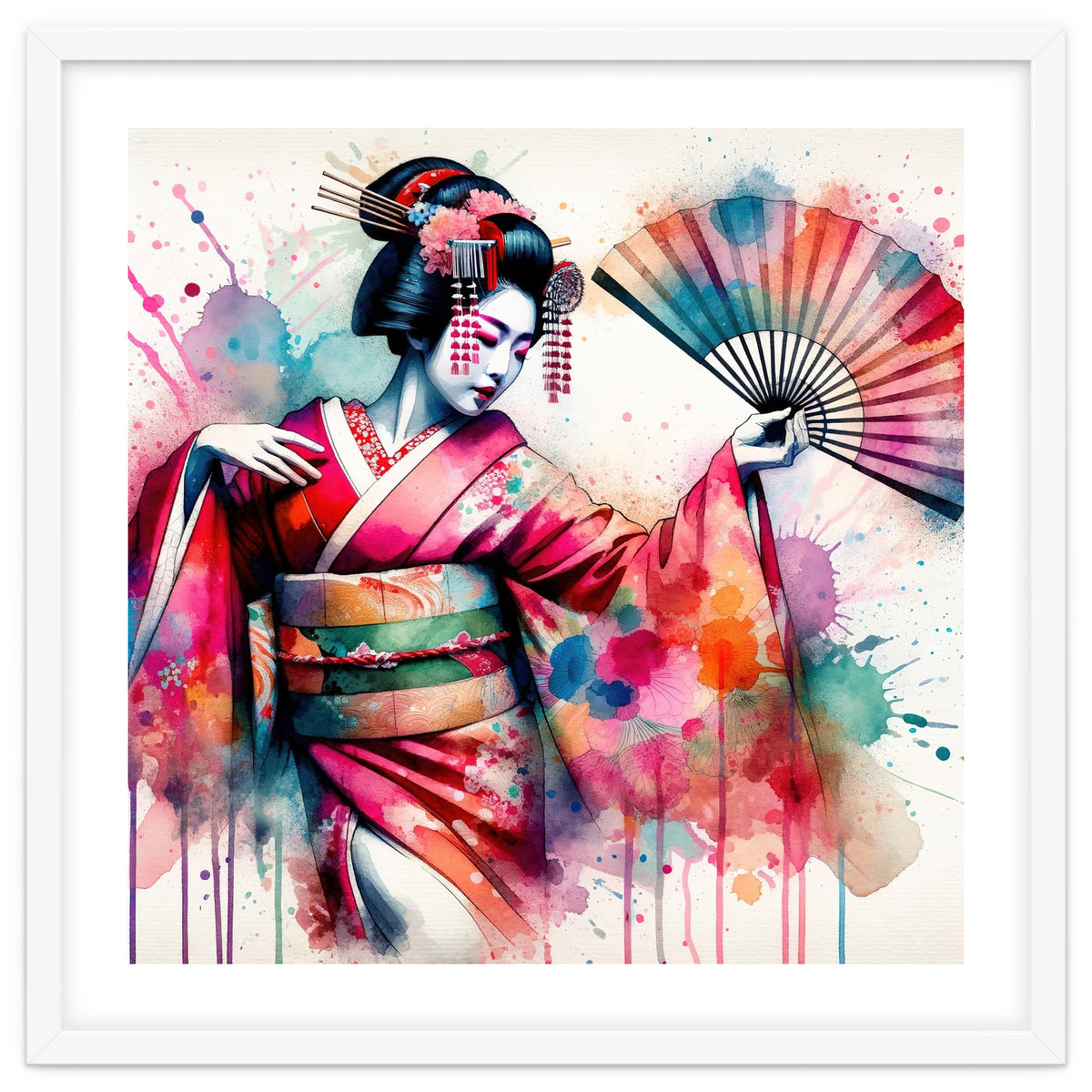 Vibrant Geisha With Rainbow Hand Fan