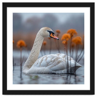 White Swan Swimming In A Lake With Reeds
