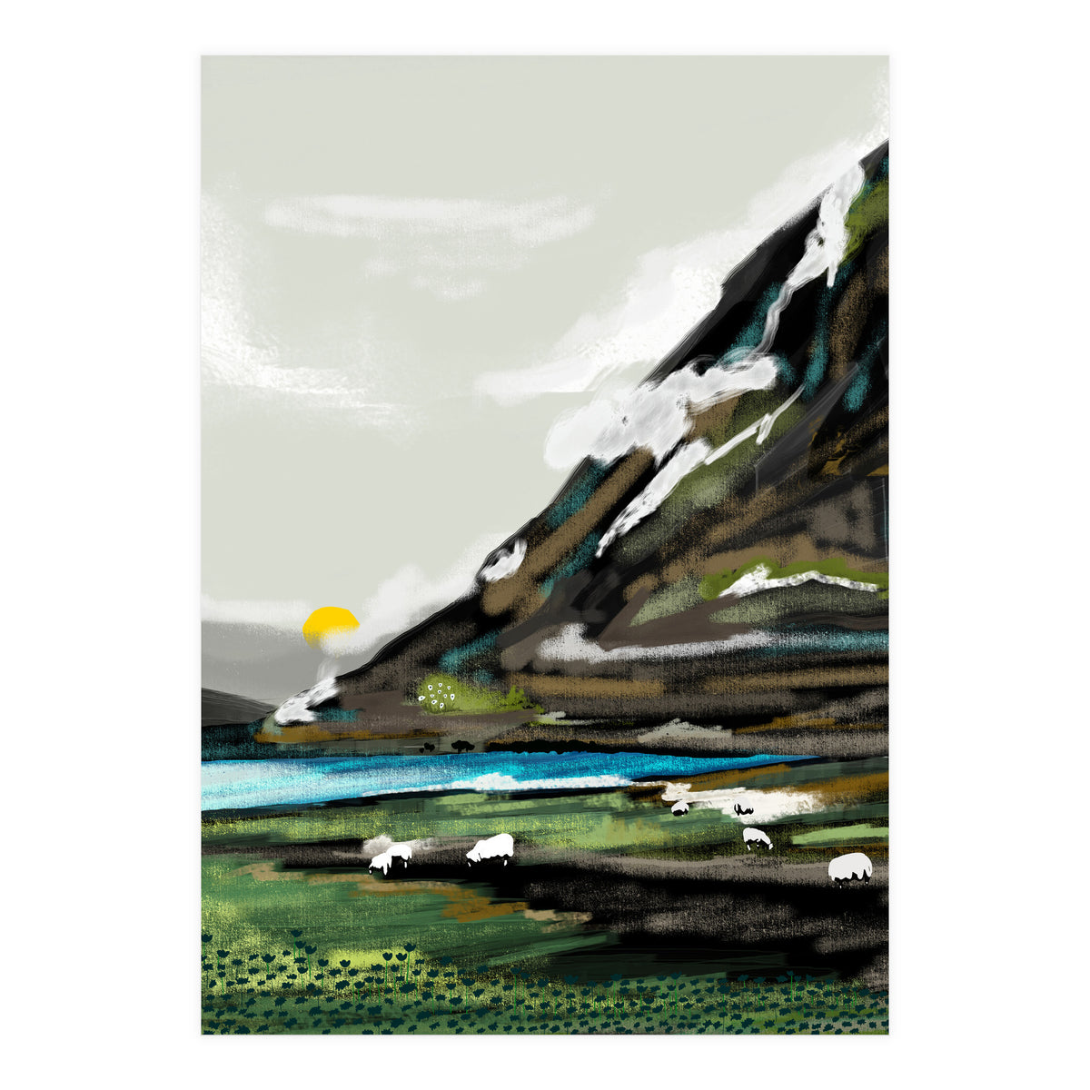 Graze, Cattle Nature Landscape Painting, Mountains Wild Adventure Cows, Animals Grassland Bohemian (Print Only)