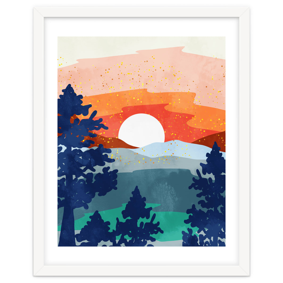 A Magical Sunset, Landscape Nature Illustration, Minimal Bohemian Painting, Mountains Adventure Travel