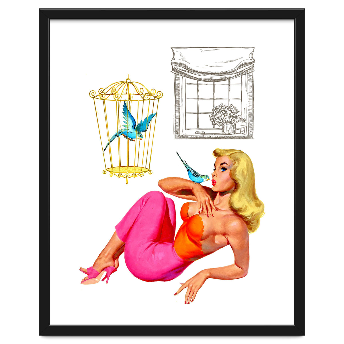 Pinup Girl With Two Birds