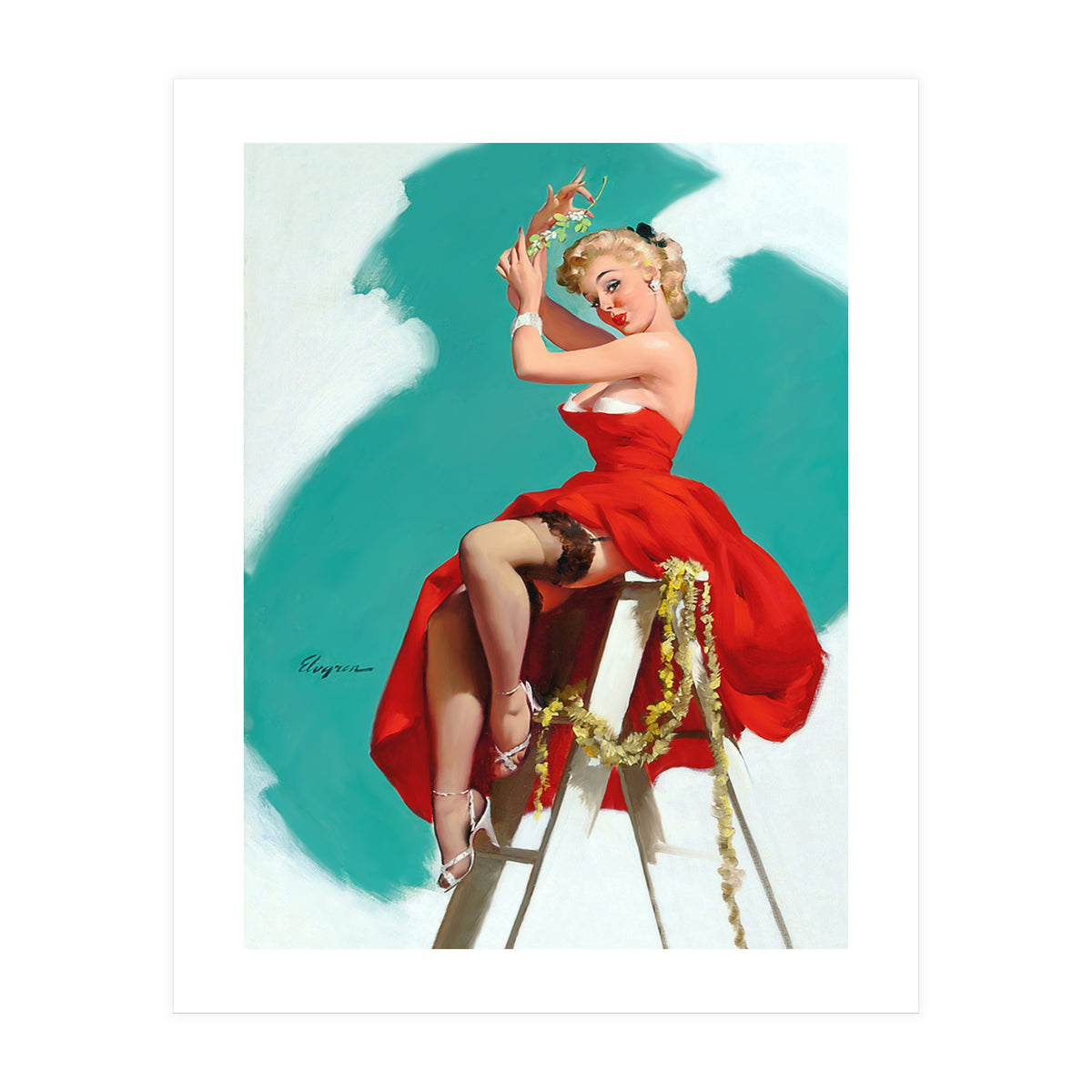 Sexy Pinup Girl In Red Dress Posing On a Ladder (Print Only)
