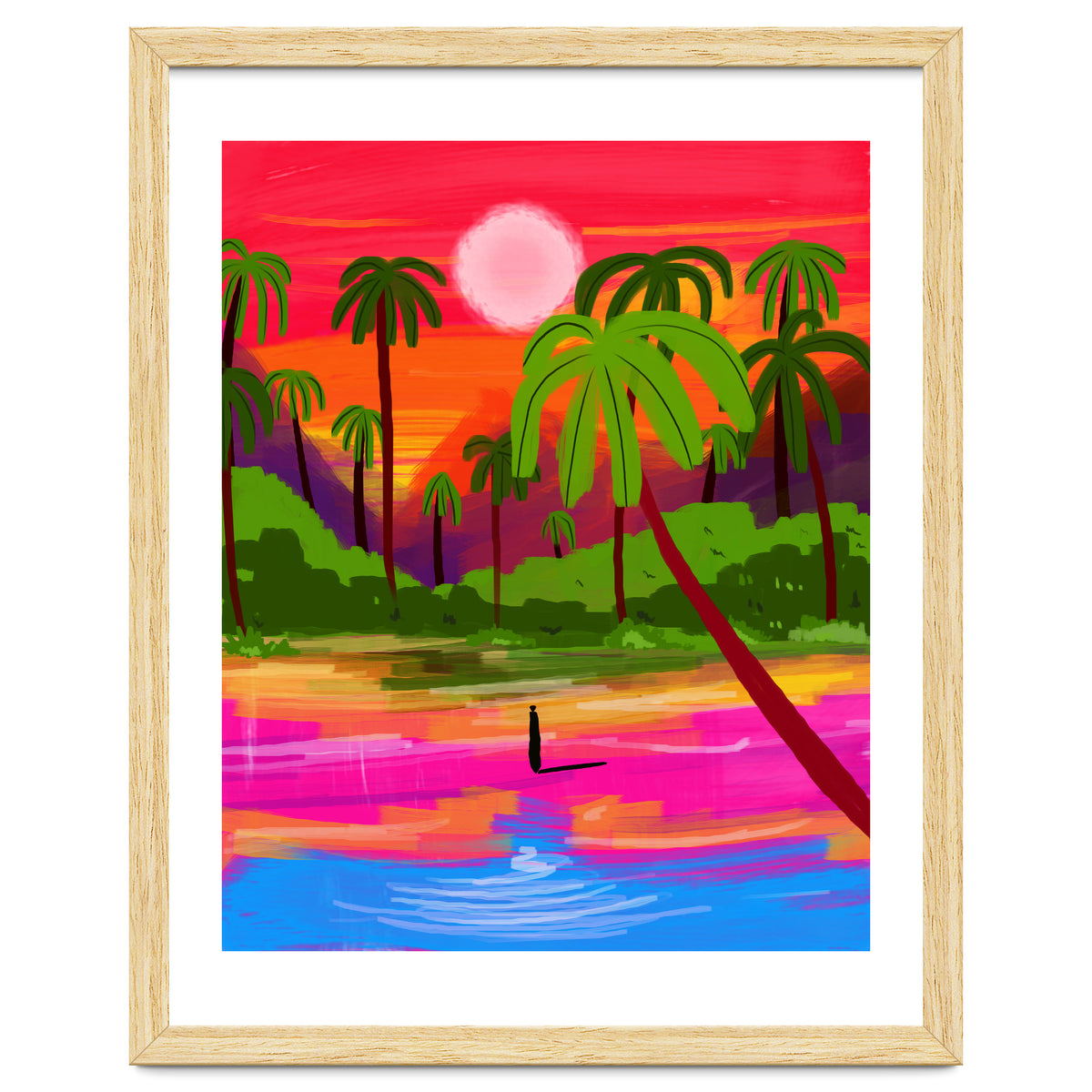 My Shadow & I, Sunset Painting Lake Beach Seashore, Tropical Nature Landscape Colorful Bohemian Traditional, Travel Concept Companion