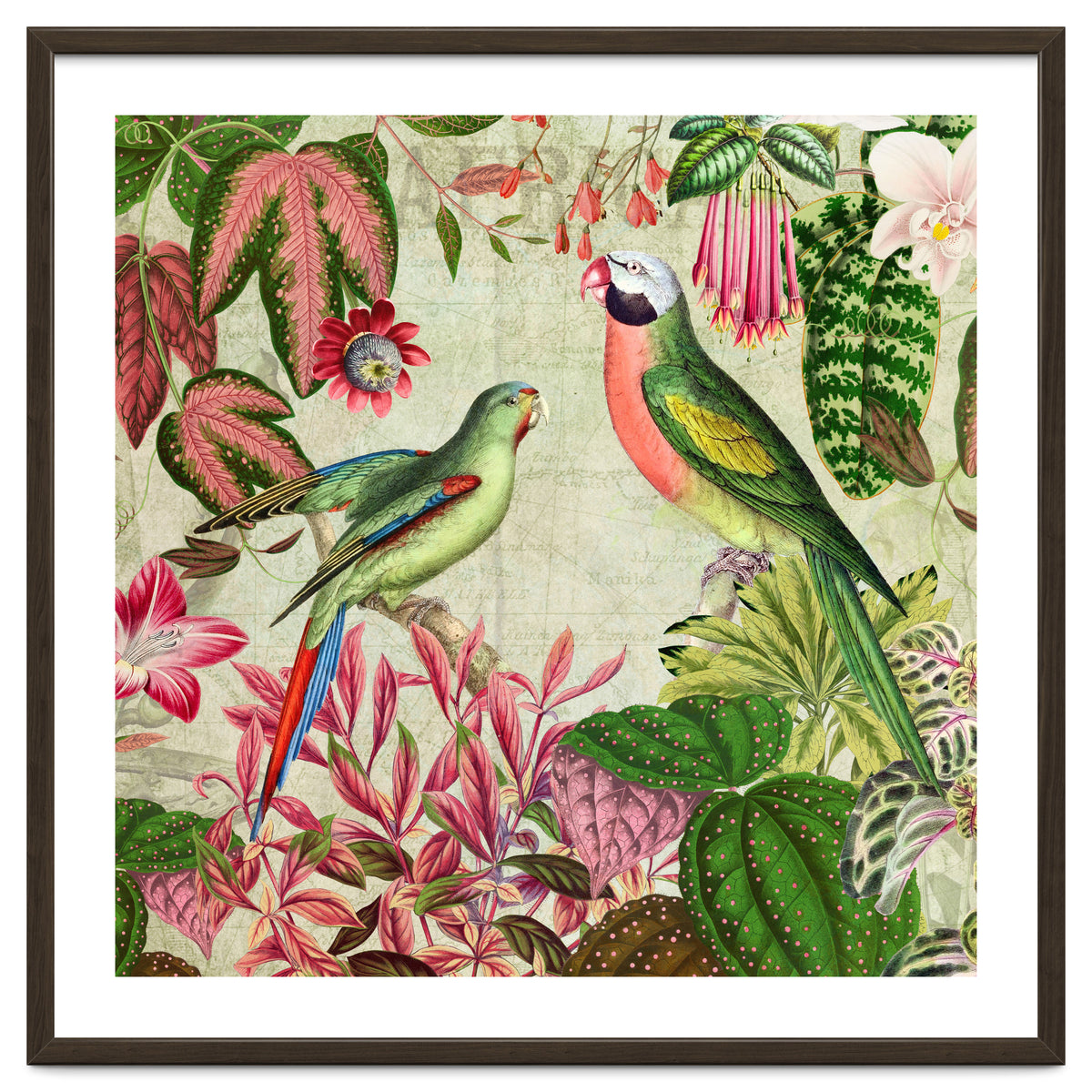 Exotic Lush Rainforest With Colorful Parrots And Flowers