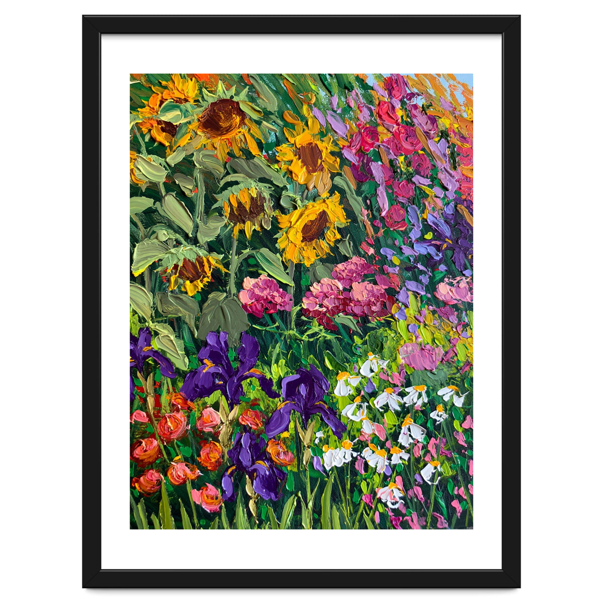 Vibrant Summer Sunflower and Iris Meadow Oil Painting
