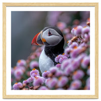 Atlantic Puffin Amidst Pink Heather Flowers