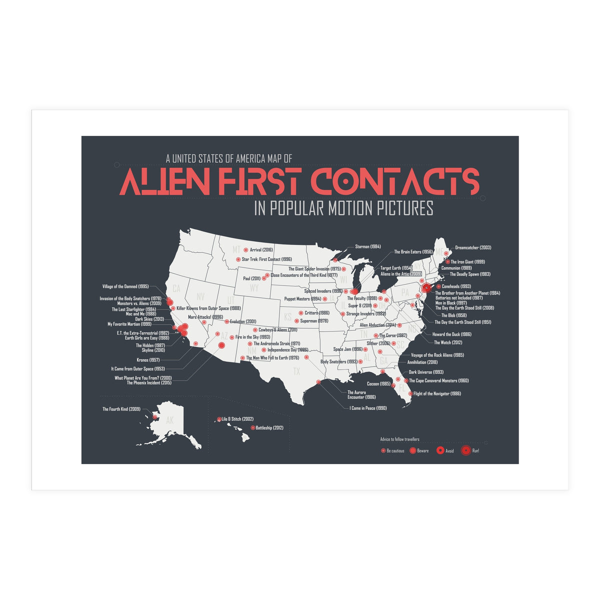 USA Map of Alien First Contacts in Movies (Print Only)