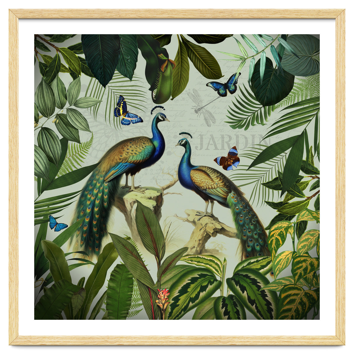 Vintage Exotic Asian Peacocks In Tropical Jungle Landscape