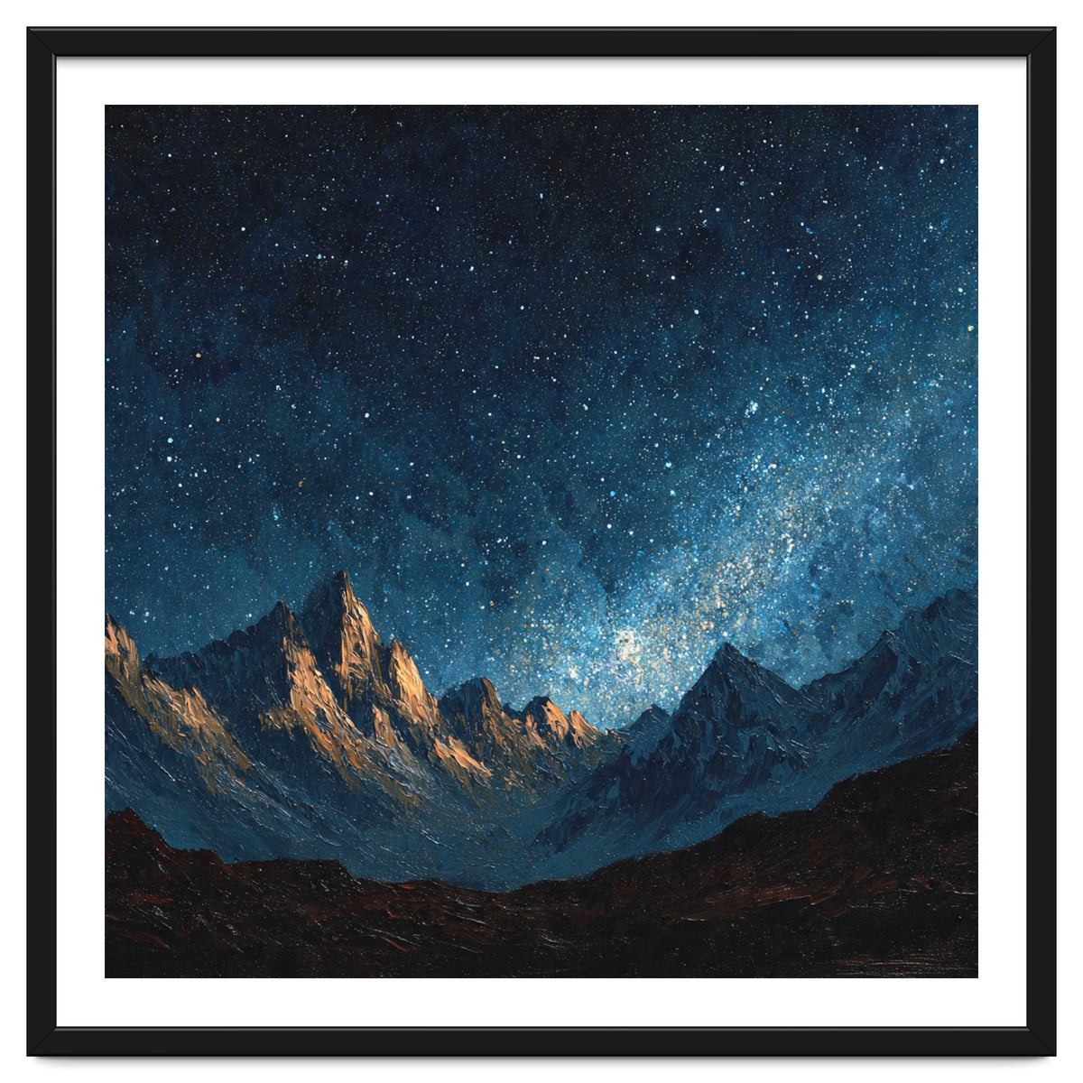 Starry Night Over Majestic Mountains Impasto Oil Painting Style