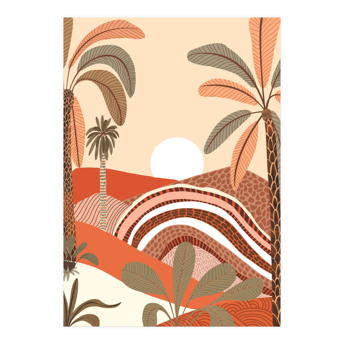 Epiphany, Pastel Rustic Sunrise Sunset, Bohemian Nature Landscape Illustration, Mountains Adventure Palm Trees (Print Only)