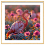 Pink Flamingo Standing In A Field Of Flowers thumbnail