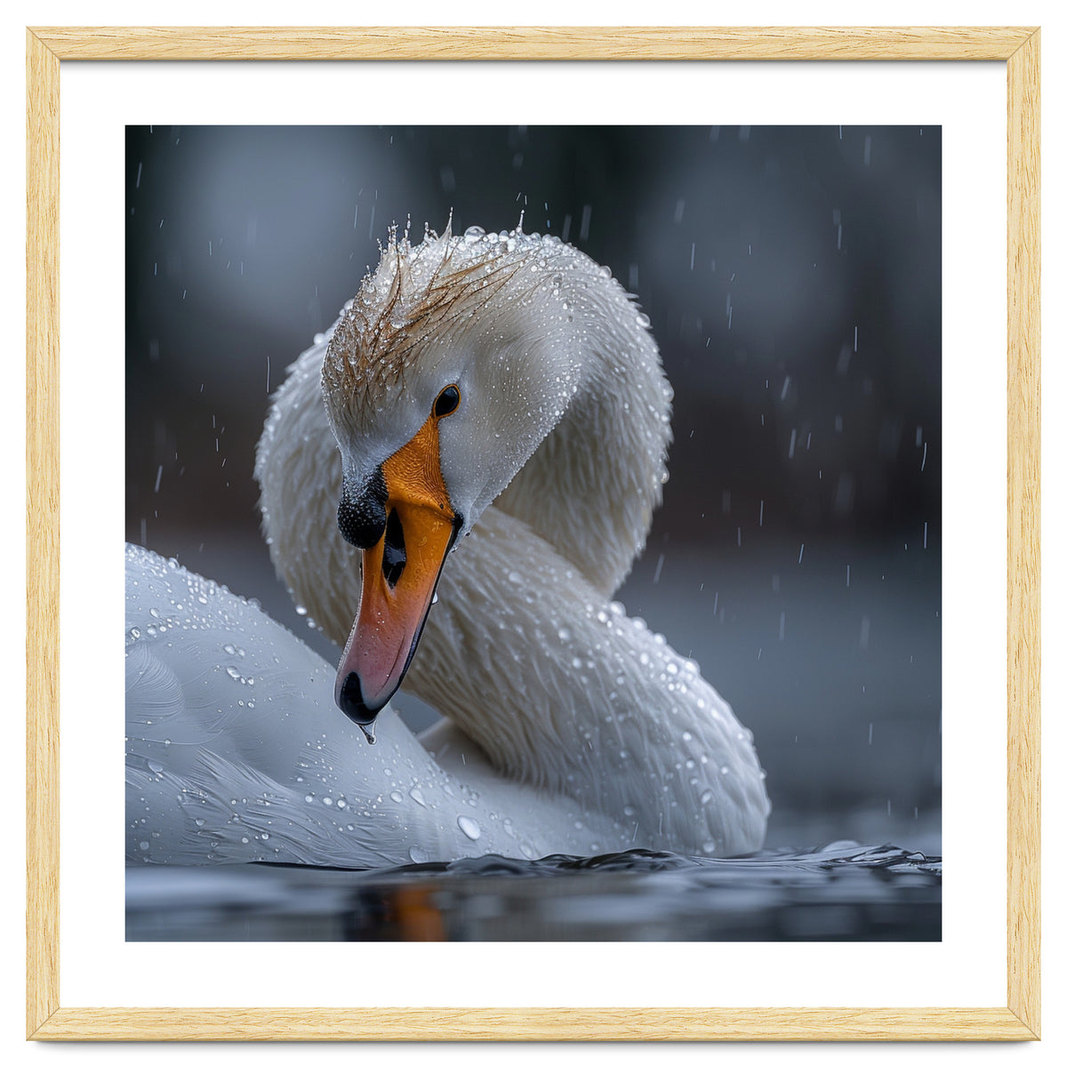 White Swan Bird With Water Droplets In Rain