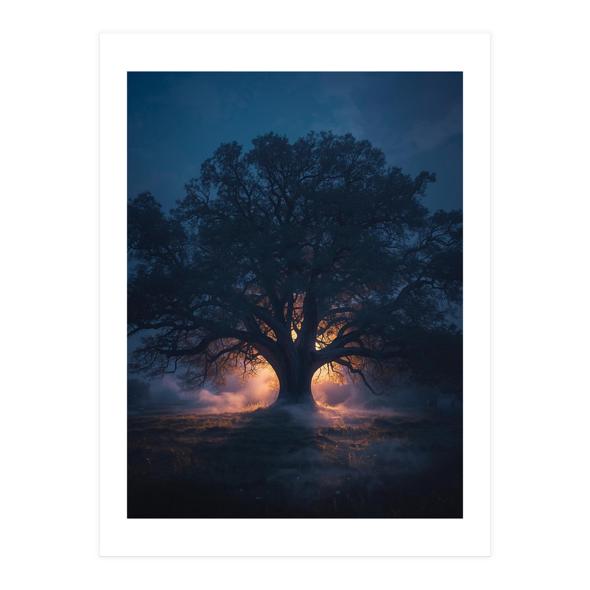 Ancient Mystical Oak Silhouette at Twilight with Ethereal Wisps (Print Only)