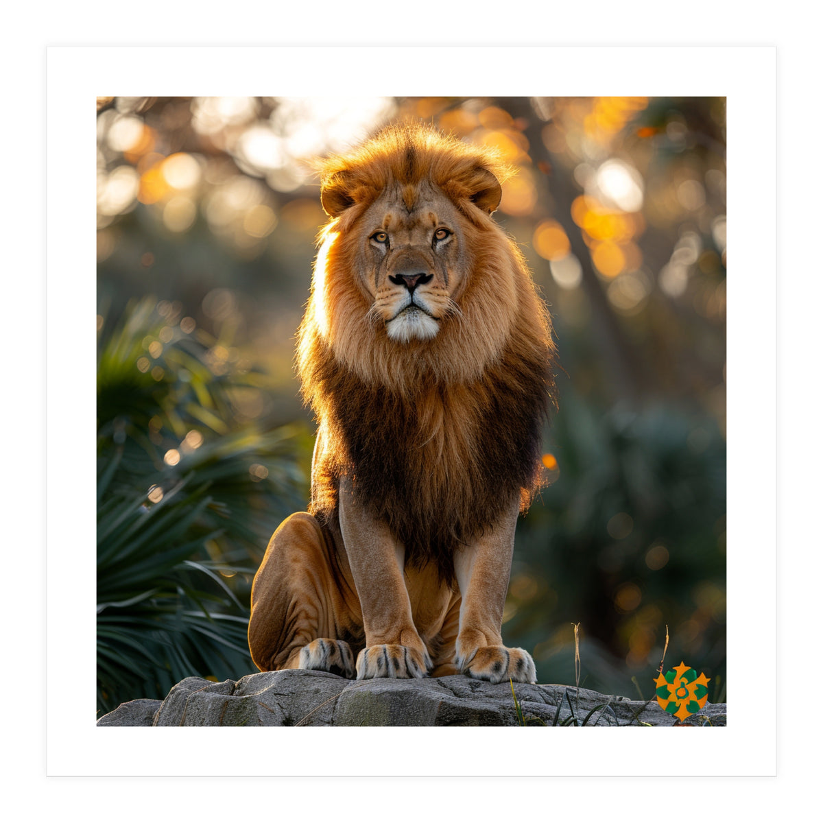 Majestic Lion Sitting On A Rock At Sunset (Print Only)