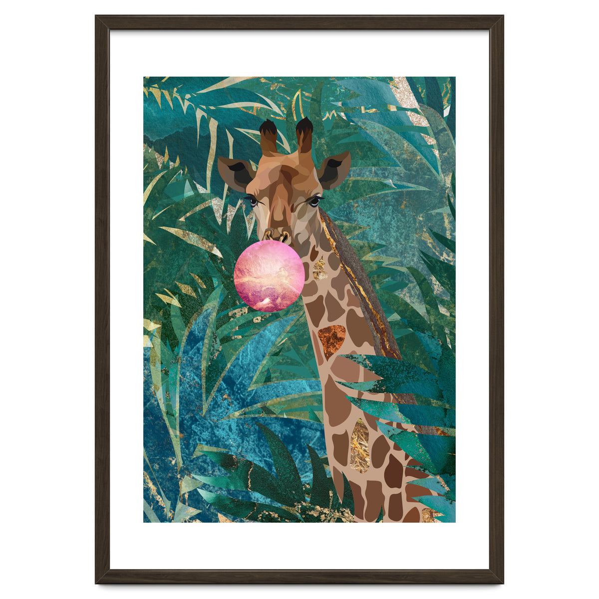 Giraffe blowing a bubble in the jungle