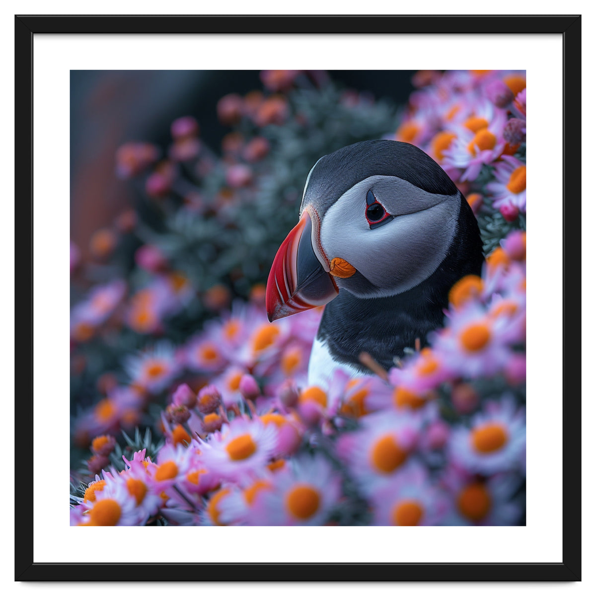 Puffin Bird Among Pink Flowers