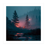 Atmospheric Twilight Pine Forest with Glowing Crimson Light (Print Only)