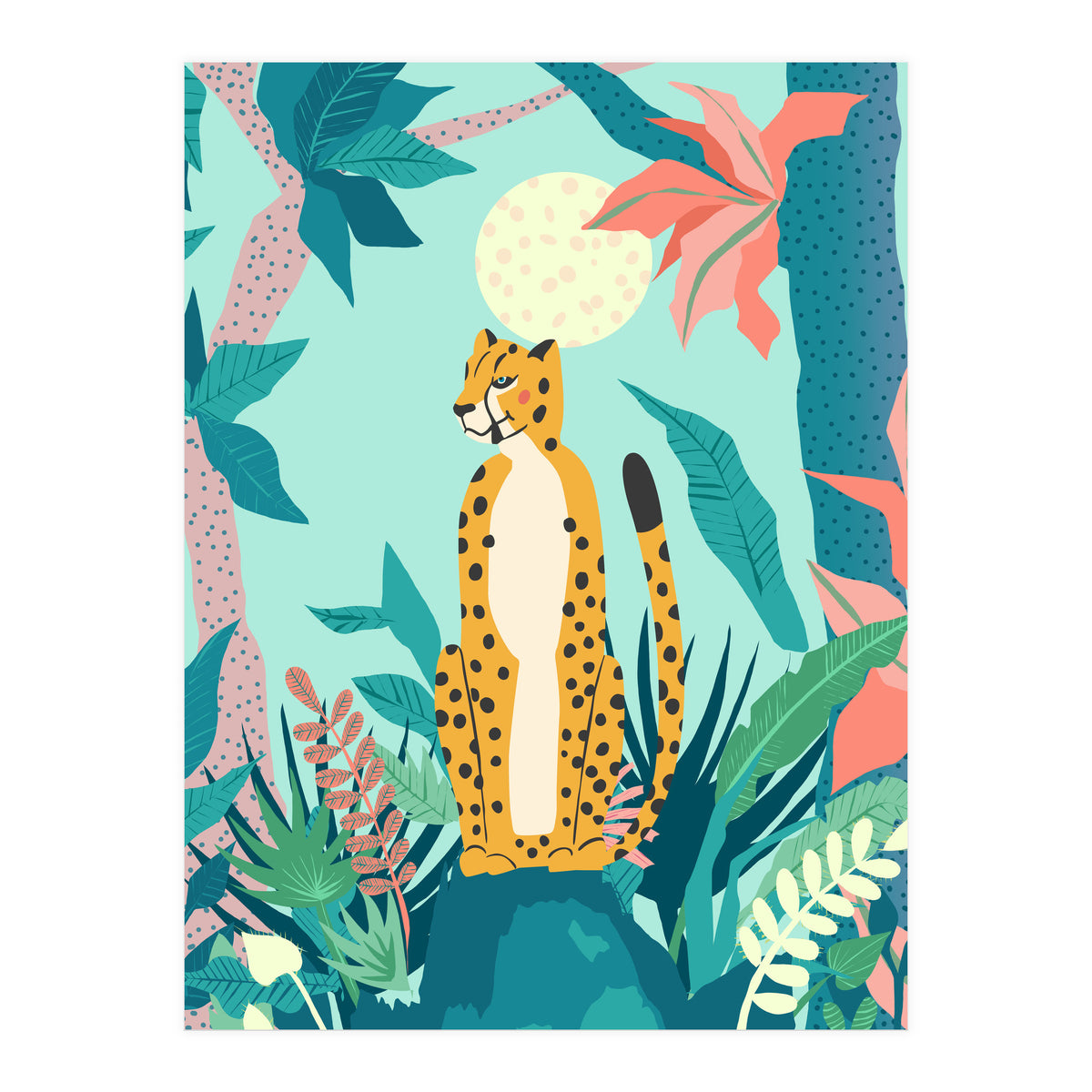 Leopard Forest, Pastel Tropical Jungle Nature Botanical, Moon Eclectic Colorful Wild Animals Boho (Print Only)
