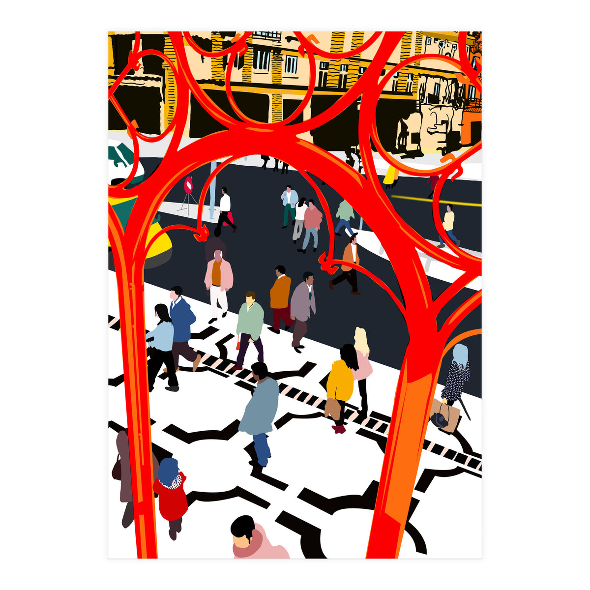 City Street, Eclectic Architecture Buildings Busy New York, People Work Office Daily Life Boho Contemporary Traffic Gifts (Print Only)